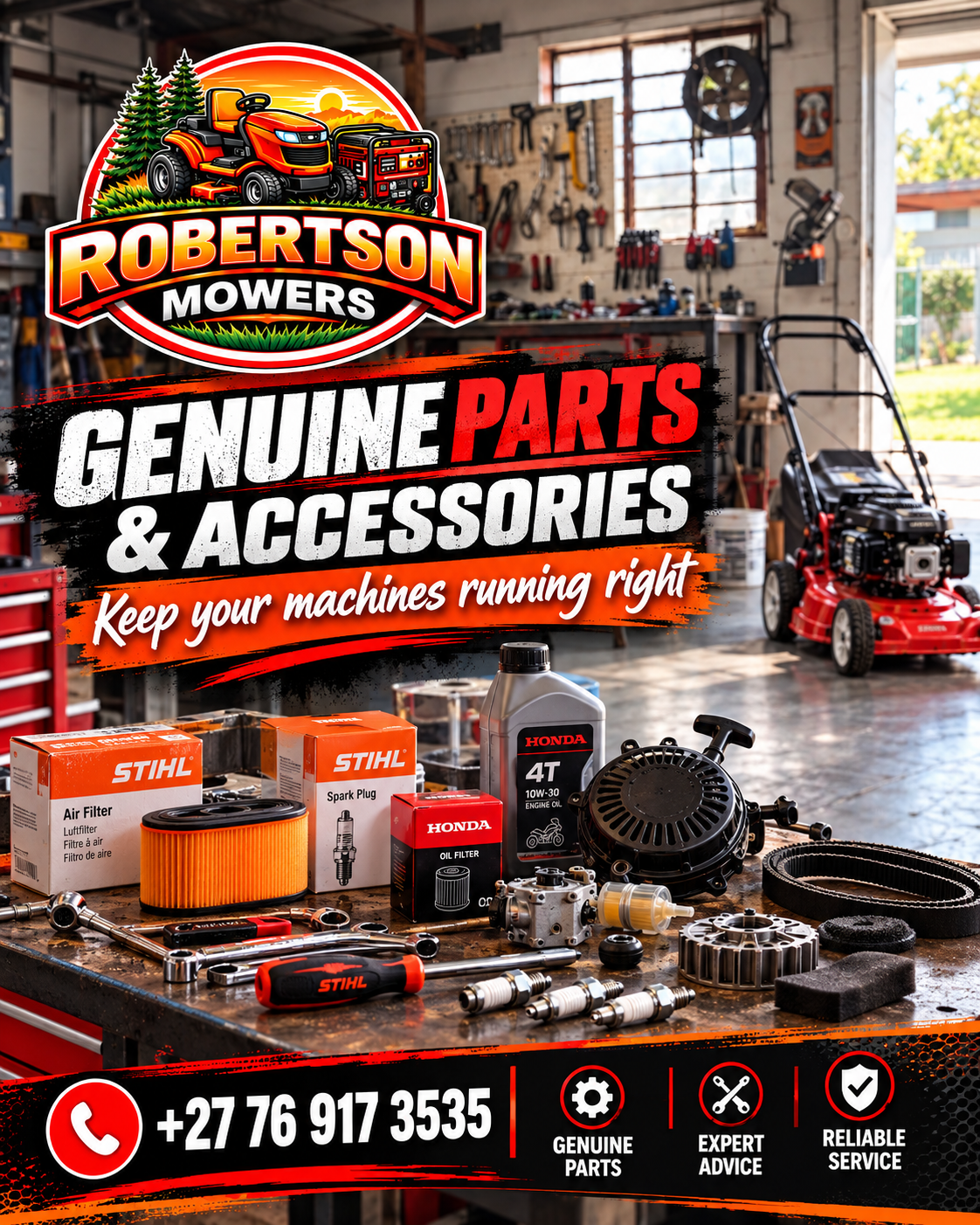 Filters, belts, spark plugs and workshop tools